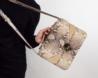 Python Print Leather Messenger Bag, Small Top Handle Purse