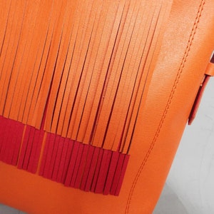 Leather bag orange red. Fringe hobo leather orange shoulder bag. image 3