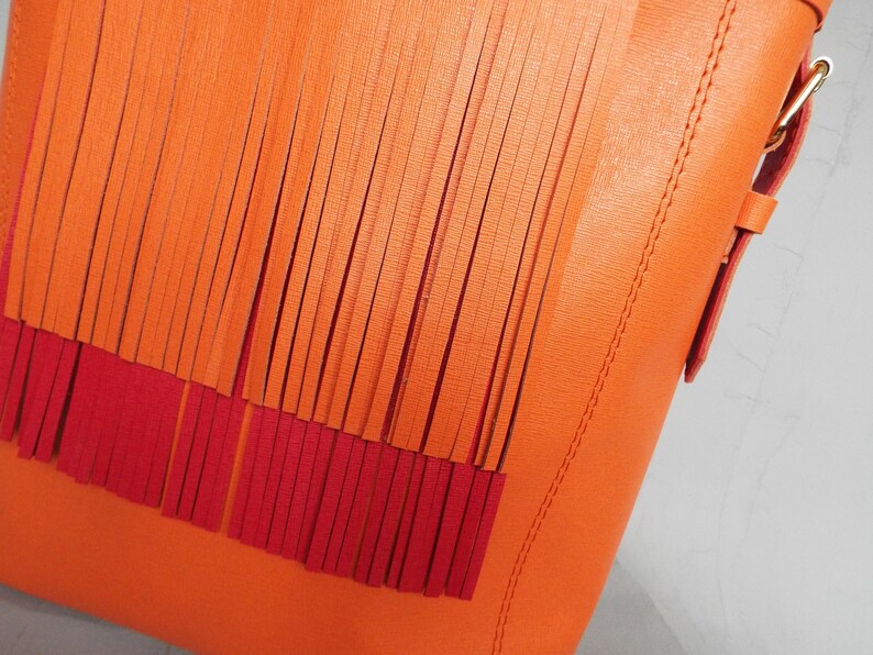 Leather bag orange red. Fringe hobo leather orange shoulder bag. image 3