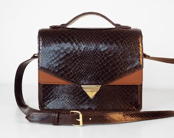 Brown Leather Top Handle Bag, Snakeskin Embossed, Adjustable Strap