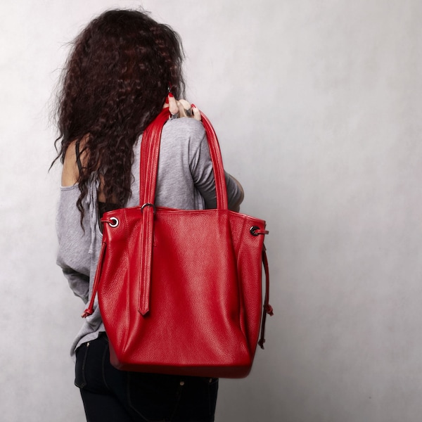 Leather tote bag, Red leather tote, Large leather shoulder bag