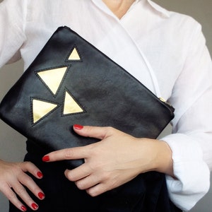 Black leather clutch. Applique black gold clutch bag. Black leather evening clutch. image 5