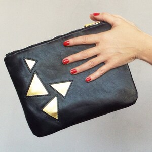 Black leather clutch. Applique black gold clutch bag. Black leather evening clutch. image 2