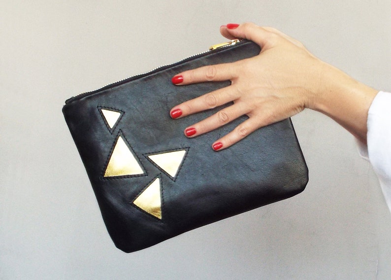 Black leather clutch. Applique black gold clutch bag. Black leather evening clutch. image 2