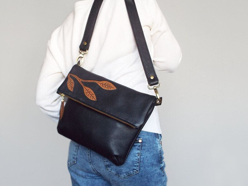 Crossbody Bag Leather Black. Foldover Cross Body Bag. Black Etsy