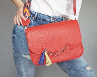 Red Leather Crossbody Bag, Tassel Shoulder Purse