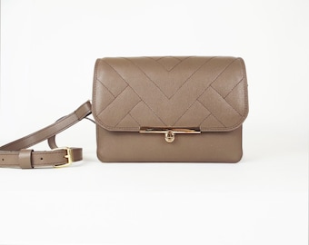 Quilted Taupe Leather Crossbody Bag, Hard Luxury Shoulder Purse