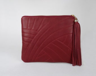 Burgundy leather clutch. Leather clutch bag. Wine clutch purse. Quilted leather clutch bag.