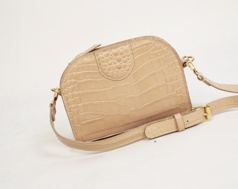 Cream leather cross body bag. Small beige leather bag. Leather croco-printed purse.