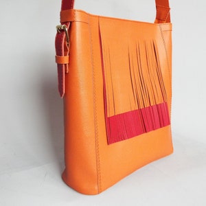 Leather bag orange red. Fringe hobo leather orange shoulder bag. image 8