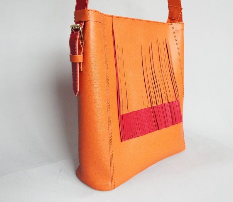 Leather bag orange red. Fringe hobo leather orange shoulder bag. image 8