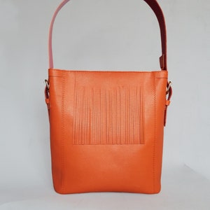 Leather bag orange red. Fringe hobo leather orange shoulder bag. image 6