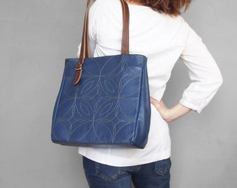 Leather tote bag. Blue leather tote. Tote bag leather. Embroidered leather handbag. Leather shoulder bag. Ocean blue leather purse.