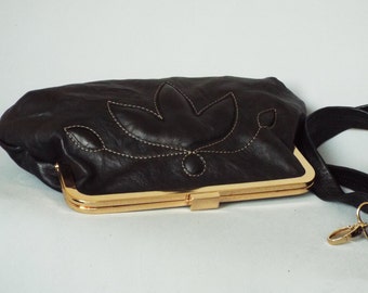 Leather evening frame clutch. Black evening purse. Leather frame purse. Black leather bag.