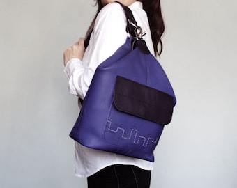 Purple Leather Backpack Rucksack, One Strap Shoulder Bag