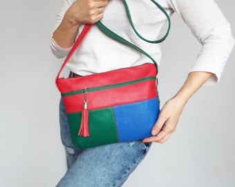 Colorful leather cross body bag. Small leather tassel purse. Red, green, blue shoulder bag.