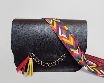 Black Leather Crossbody Bag with Bright Strap & Tassels