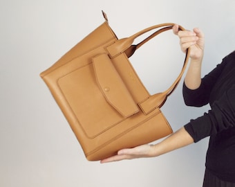 Beige Leather Tote Bag, Everyday Shoulder Bag
