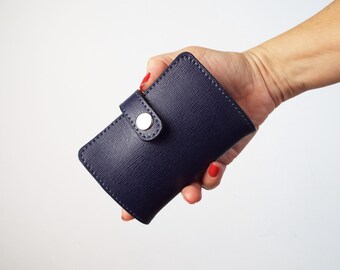 Dark Blue Leather Card Wallet - Saffiano Leather, Holds 20 Cards