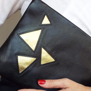 Black leather clutch. Applique black gold clutch bag. Black leather evening clutch. image 4