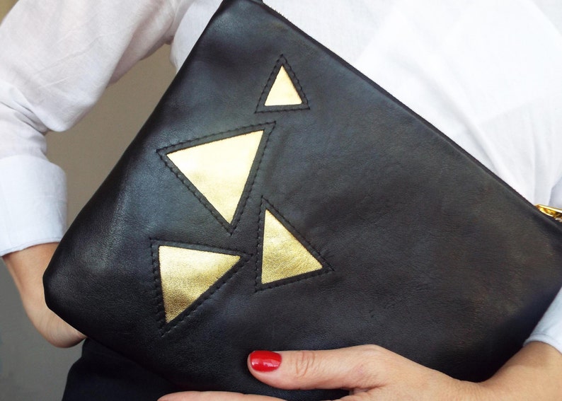 Black leather clutch. Applique black gold clutch bag. Black leather evening clutch. image 4