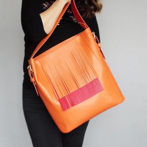 Leather bag orange red. Fringe hobo leather orange shoulder bag. image 10