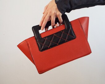 Red leather top handle bag. Small red quilted bag. Leather red cross body purse. Rad black quilted leather bag.