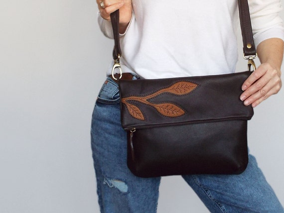 Leather Crossbody Bag. Brown Leather Foldover Bag. Brown Leather
