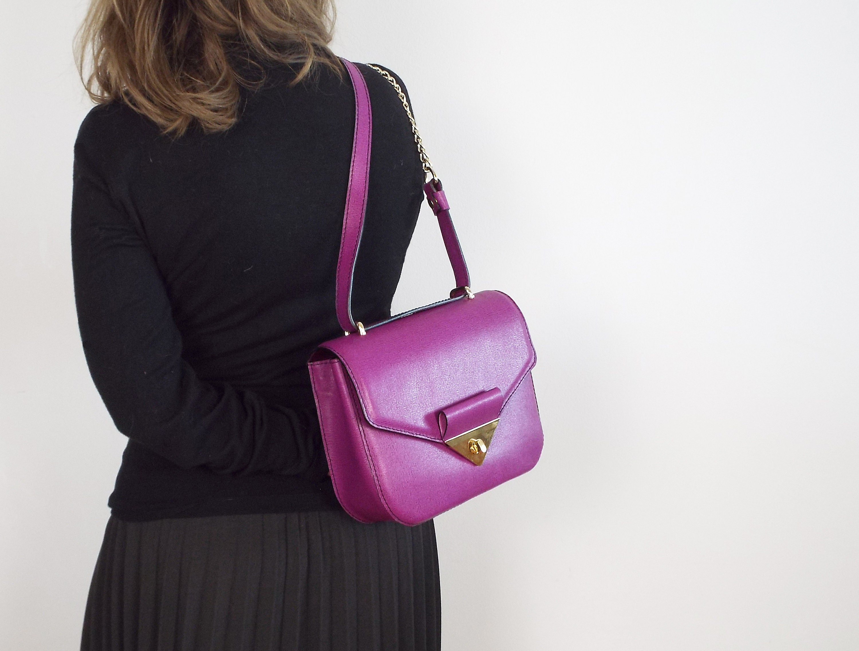 Purple Leather Bag. Small Leather Magenta Shoulder Bag. Bright