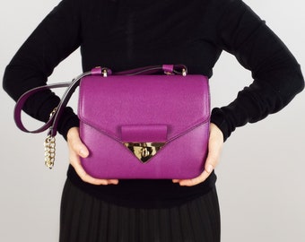 Purple leather bag. Small leather magenta shoulder bag. Bright leather messenger purse.  Small purple leather crossbody bag.