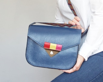 Leather messenger bag blue. Leather purse small colorful. Blue leather handbag.