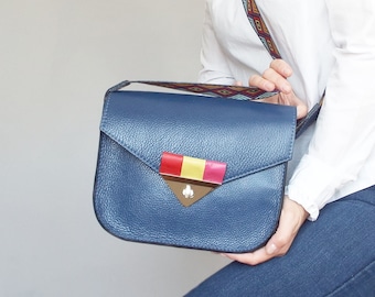 Bolso bandolera de piel azul, monedero pequeño y colorido