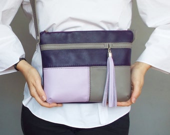 Leather crossbody bag purple gray. Small leather cross body purse colorful. Plum gray leather shoulder bag.