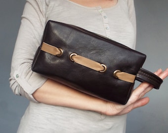 Borsa cosmetica in pelle: astuccio da toilette color caffè
