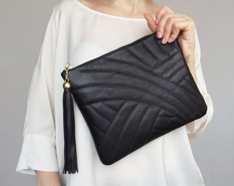 Black leather clutch. Leather clutch bag. Evening clutch purse. Quilted leather clutch bag.