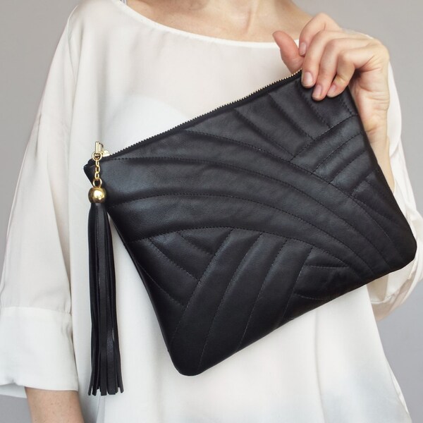 Black Leather Clutch Etsy