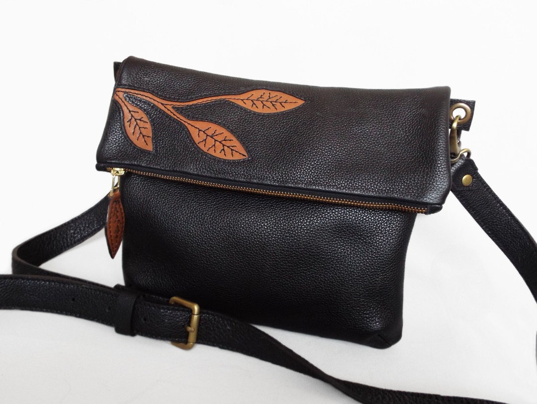 Crossbody Bag Leather Black. Foldover Cross Body Bag. Black Leather