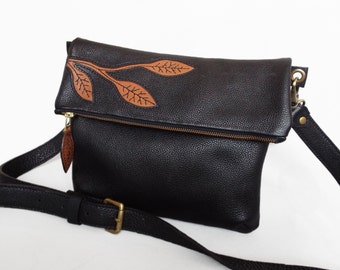 Crossbody bag leather black. Foldover cross body bag. Black leather purse. Black leather bag. Applique leather black olive green bag.