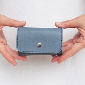 May include: A small, light blue leather wallet with a silver button closure.