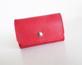Red Leather Key Case Wallet: 6 Key Holder & Card Slot