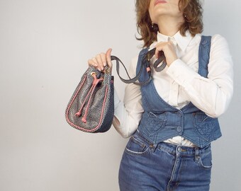 Small bucket leather bag. Black and white structured cross body bag. Leather shoulder purse.