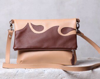 Leather crossbody bag. Foldover cross body bag. Beige, brown leather crossbody purse. Applique leather cross body purse.