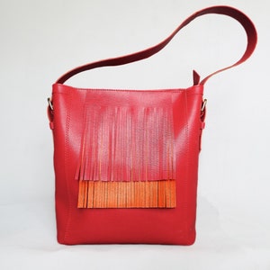 Leather hobo bag red orange. Large genuine leather fringe handbag two color. Woman casual leather shoulder bag.