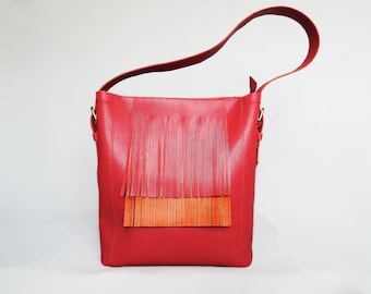 Leather hobo bag red orange. Large genuine leather fringe handbag two color. Woman casual leather shoulder bag.