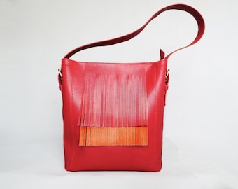 Red Leather Hobo Bag with Orange Fringe, Detachable Fringe