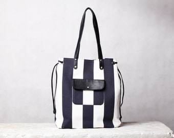 Nautical canvas leather tote bag. Blue / white beach bag. Cotton and leather tote.