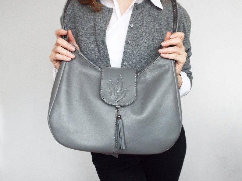 Gray leather shoulder bag. Gray leather handbag. Medium size lea Gray leather shoulder bag. Gray leather handbag. Medium size lea