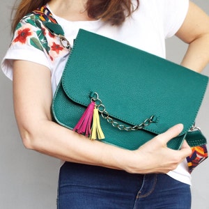 Messenger leather bag teal. Green crossbody purse.  Medium shoulder bag bright strap tassel..