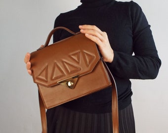 Cognac Leather Messenger Bag, Embossed Design Small Purse