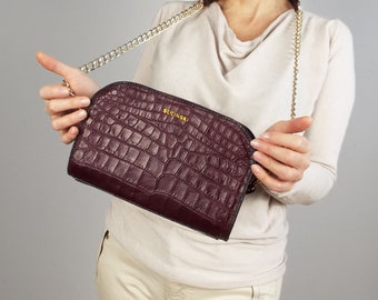 Wine leather purse. Burgundy small leather bag. Leather croco crossbody.